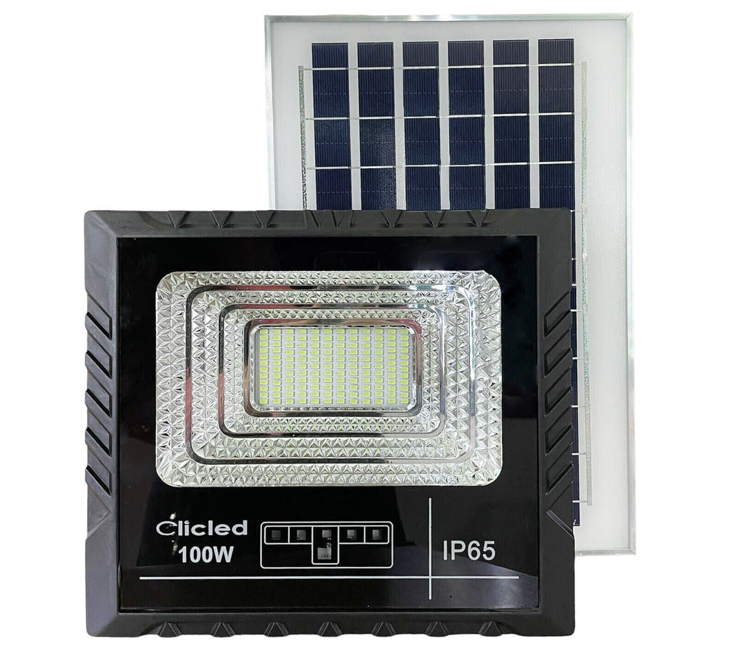 Faro LED Solare 100W Con Pannello Solare Indicatore Carica Luce Fredda Clicled